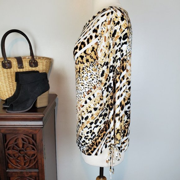 Ruby Rd. Soft Striped Animal Print Embellished Neck Side Drawstring Top Size L - Picture 3 of 9